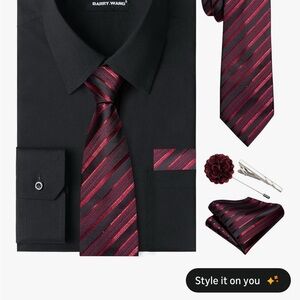 Barry.Wang Black Shirt with Red Striped Tie Set